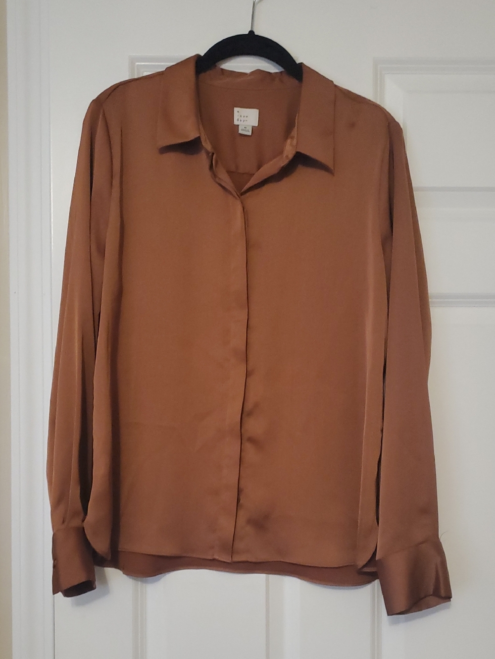 a new day Faux Satin Blouse in Camel Brown